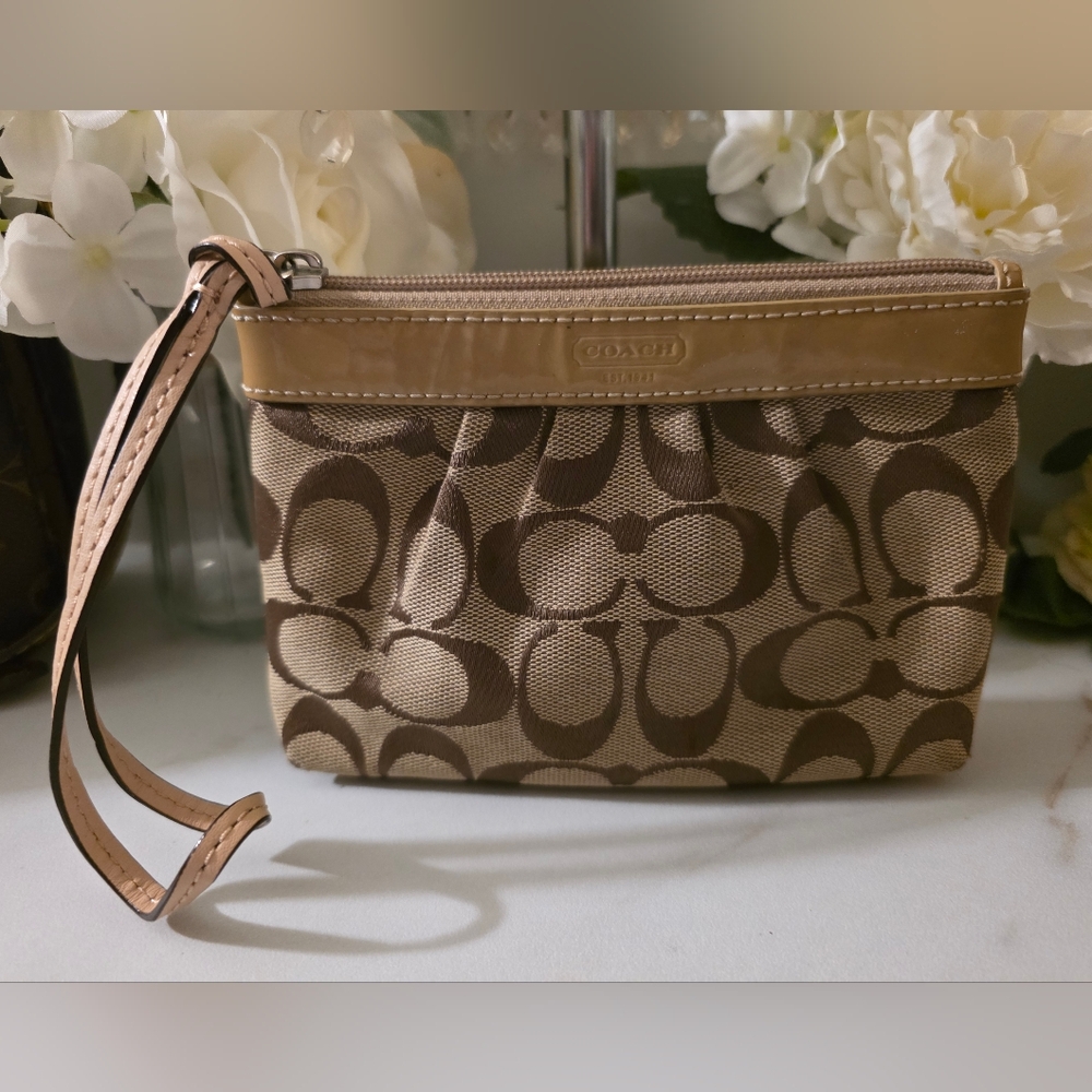 Coach Signature Brown and Tan Wristlet